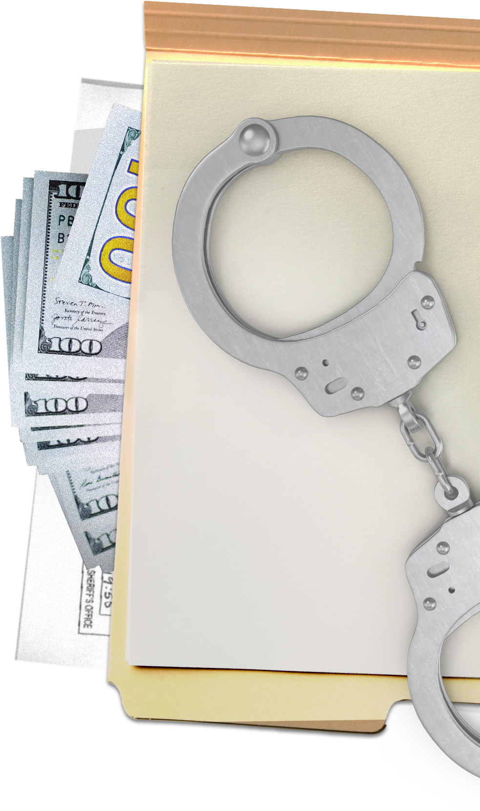 Handcuffs on top of manila folder with $100 bills inside