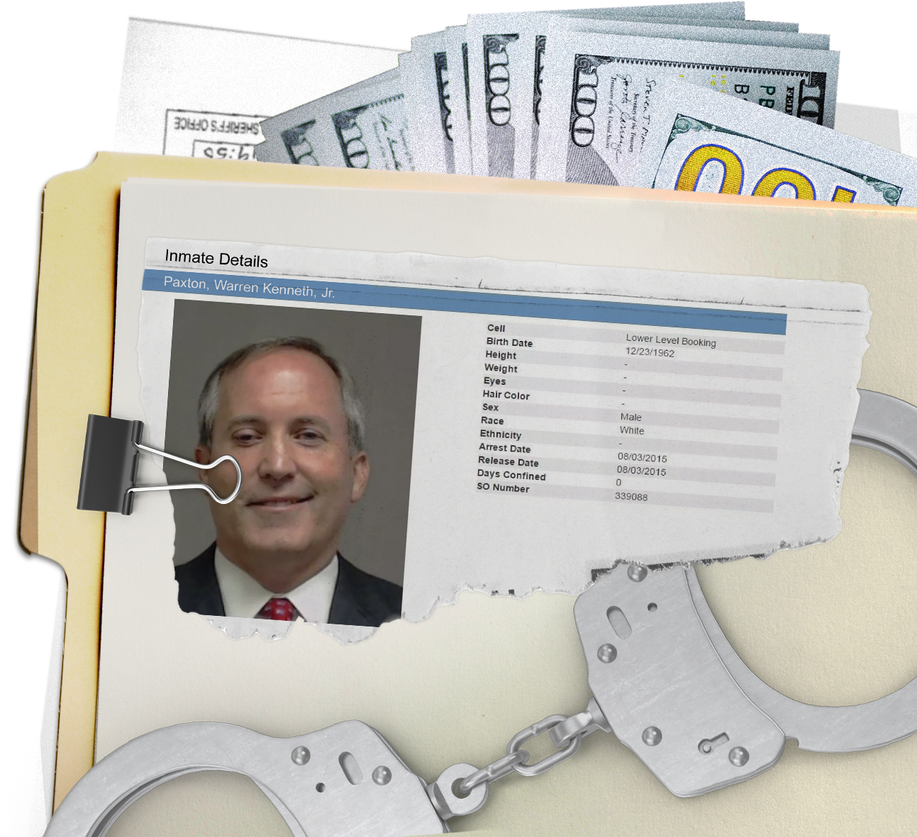 Handcuffs on top of Ken Paxton’s arrest photo and description clipped to manila folder with $100 bills inside